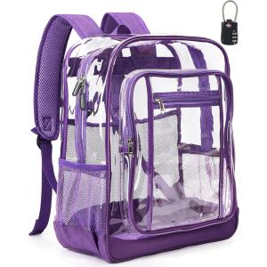 Vorspack Clear Backpack Heavy Duty – Extra Large Clear Backpacks with TSA Lock Transparent See Through Bookbag for School, Work, College, Travel – Black(Purple)