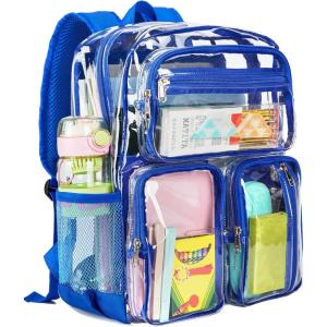 Vorspack Clear Backpack for School – Heavy Duty See Through Bookbag for Girls Boys Large Transparent Backpacks for Work, Travel, Festival – Purple(Blue)