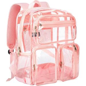 Vorspack Clear Backpack for School – Heavy Duty See Through Bookbag for Girls Boys Large Transparent Backpacks for Work, Travel, Festival – Purple(Pink)