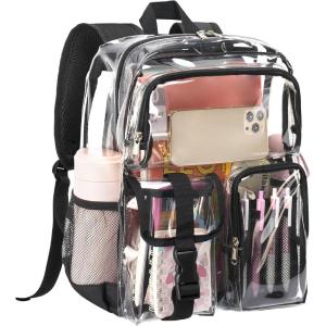 Vorspack Clear Backpack for School – Heavy Duty Transparent Bookbag for Girls Boys Large See Through backpacks for Work, College, Travel – Pink(Black)