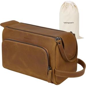 Vorspack Genuine Leather Toiletry Bag for Men – Water Resistant Travel Bag for Toiletries, Essentials, Accessories – Dark Brown(Light Brown)