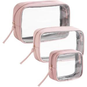 Vorspack Travel Makeup Bag – 3 Pack Travel Toiletry Bag for Women Clear Cosmetic Bag Makeup Organizer Zipper Pouch for Travel Essentials Storage – Black(Pink)