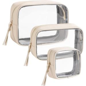 Vorspack Travel Makeup Bag – 3 Pack Travel Toiletry Bag for Women Clear Cosmetic Bag Makeup Organizer Zipper Pouch for Travel Essentials Storage – Black(Beige)