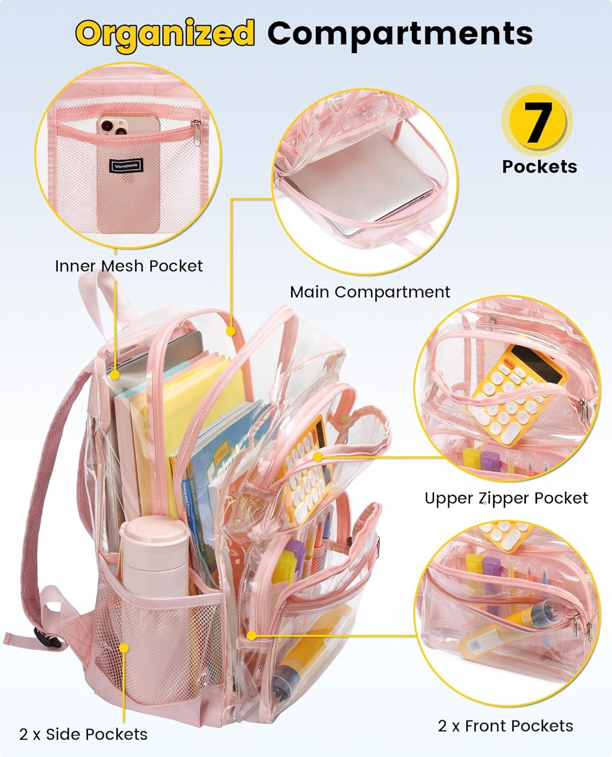 imageVorspack Clear Backpack for School Heavy Duty See Through Bookbag for Girls Boys Large Transparent Backpacks for Work Travel BlackPink