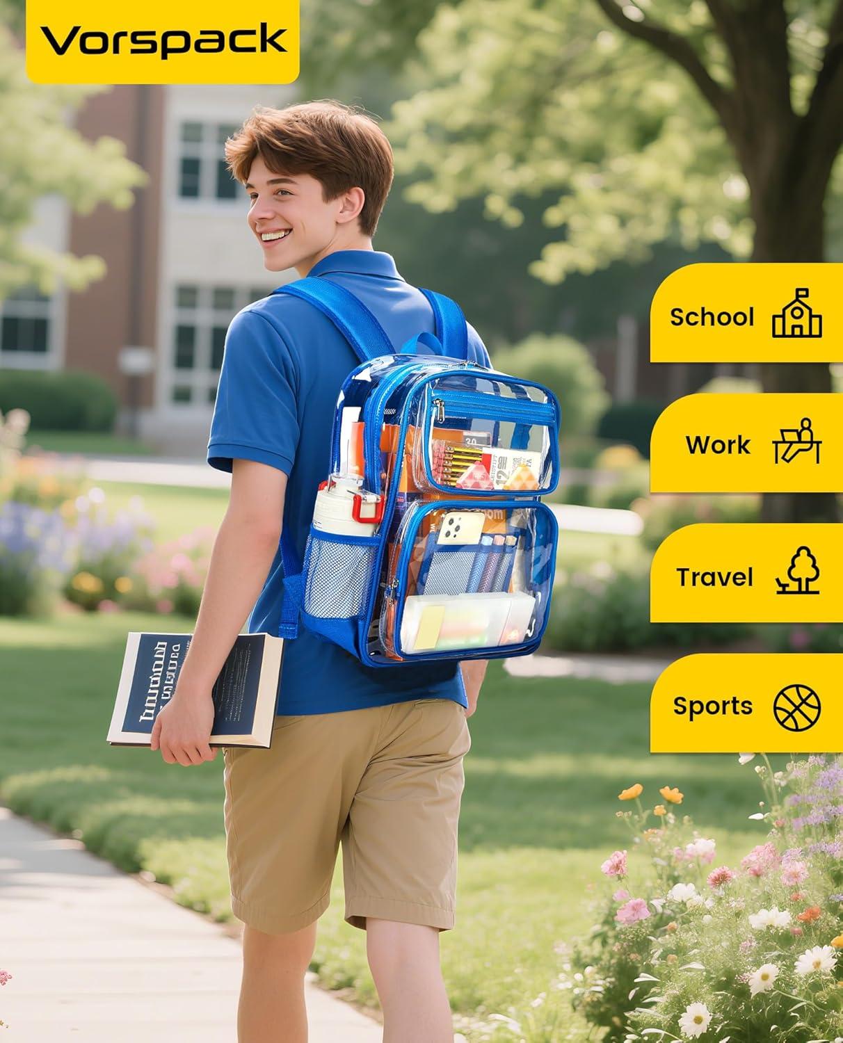 imageVorspack Heavy Duty Clear Backpack Large See Through Bookbag for Girls Boys Transparent Backpacks for School Work Travel BlackBlue