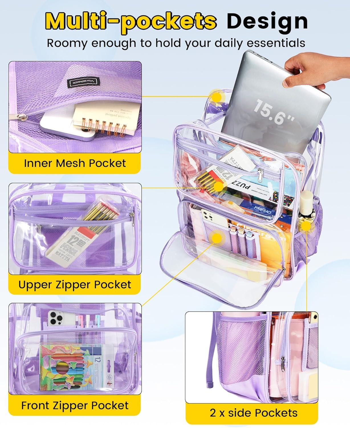 imageVorspack Heavy Duty Clear Backpack Large See Through Bookbag for Girls Boys Transparent Backpacks for School Work Travel BlackPurple