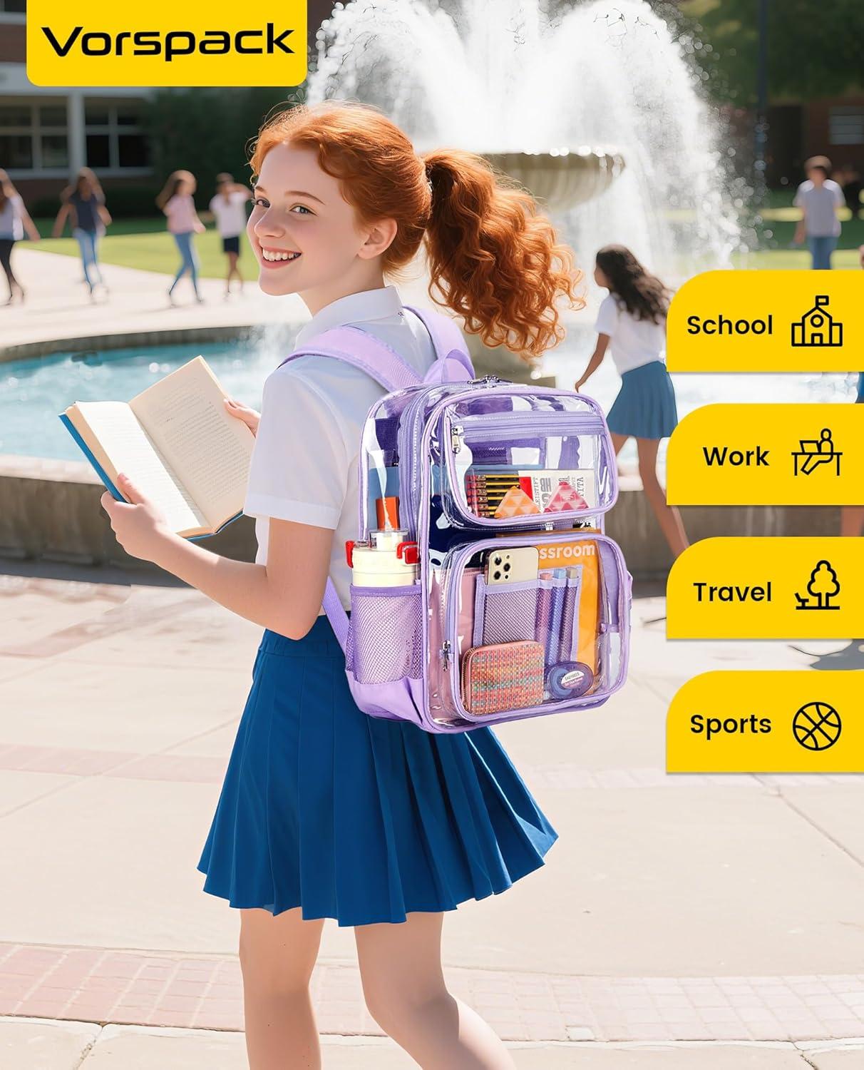 imageVorspack Heavy Duty Clear Backpack Large See Through Bookbag for Girls Boys Transparent Backpacks for School Work Travel BlackPurple