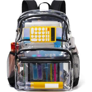 Vorspack Clear Backpack for School – Heavy Duty See Through Bookbag for Girls Boys Large Transparent Backpacks for Work, Travel – Black(Black)