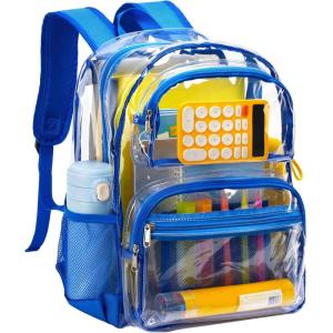 Vorspack Clear Backpack for School – Heavy Duty See Through Bookbag for Girls Boys Large Transparent Backpacks for Work, Travel – Black(Blue)