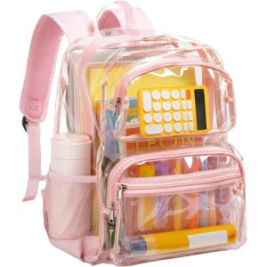 Vorspack Clear Backpack for School – Heavy Duty See Through Bookbag for Girls Boys Large Transparent Backpacks for Work, Travel – Black(Pink)